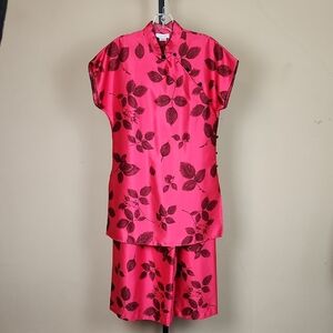 Small Natori Fuchsia Leaf Print Women's Pajama Set Wide Leg Asian Style
